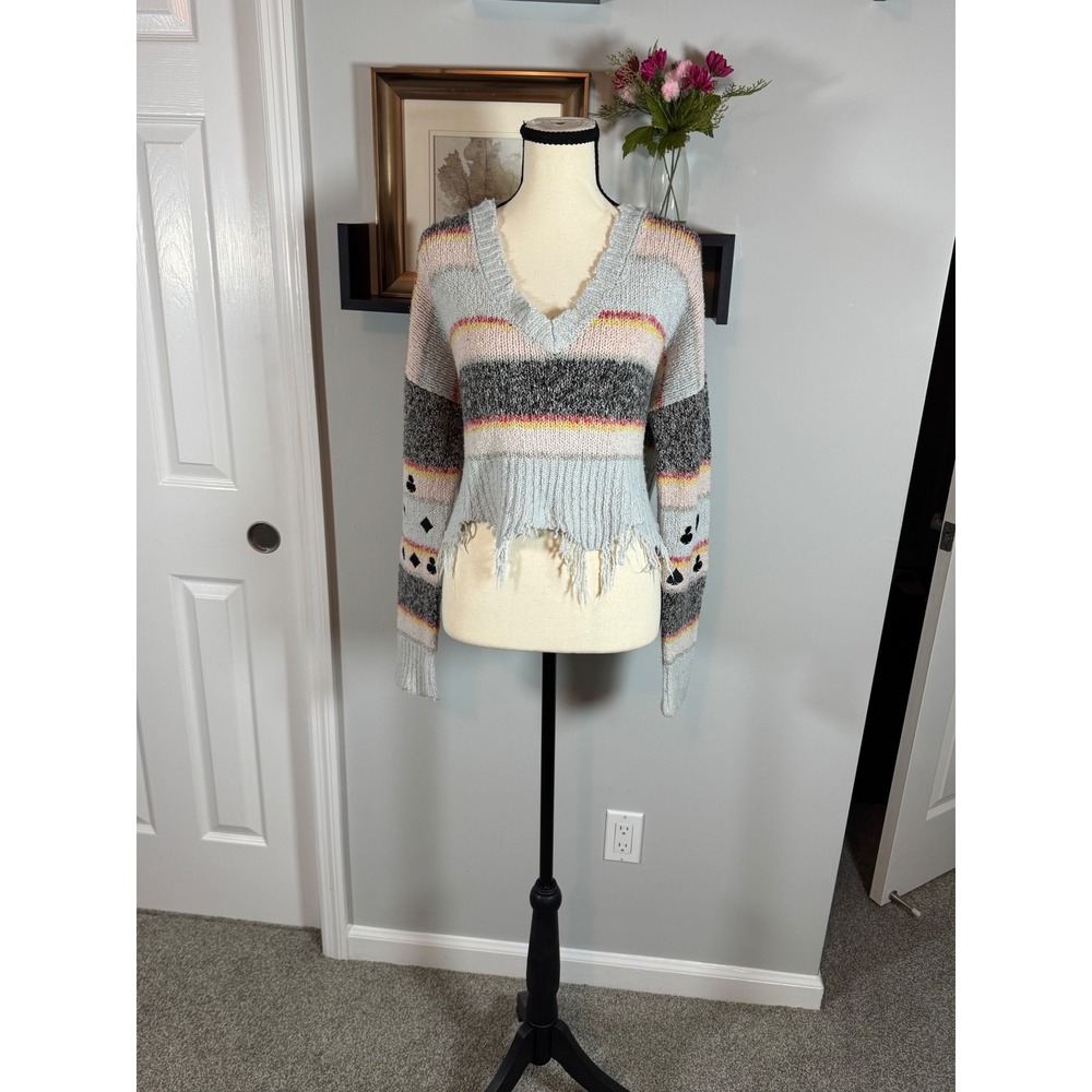 Wildfox Striped Playing Card Suit Distressed V-Neck Cropped Sweater Small